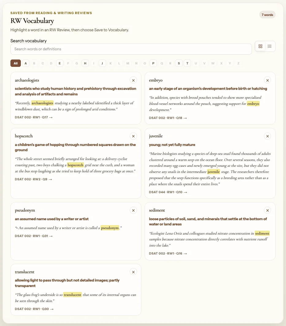 Personal Reading and Writing vocabulary list